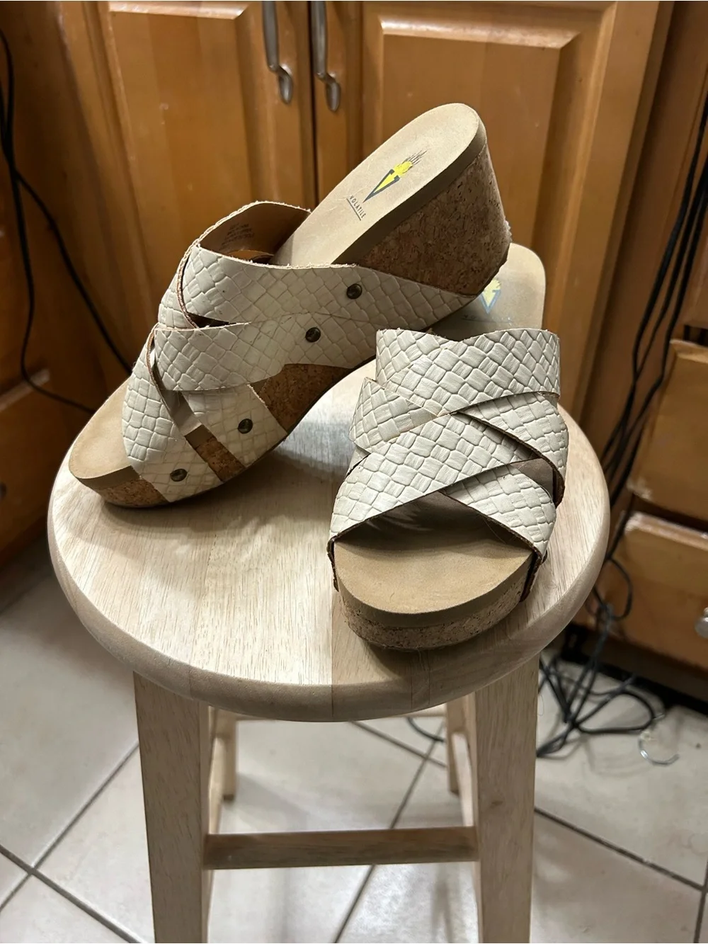 Vionic Cream Woven Crisscross Wedge Slides